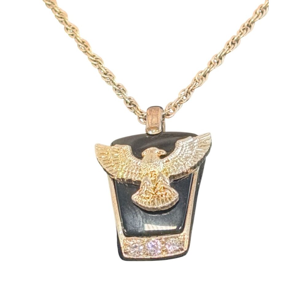 Vintage American Eagle Silver Tone Onyx Eagle Pendant Necklace CZ Stones 18" - Picture 5 of 11